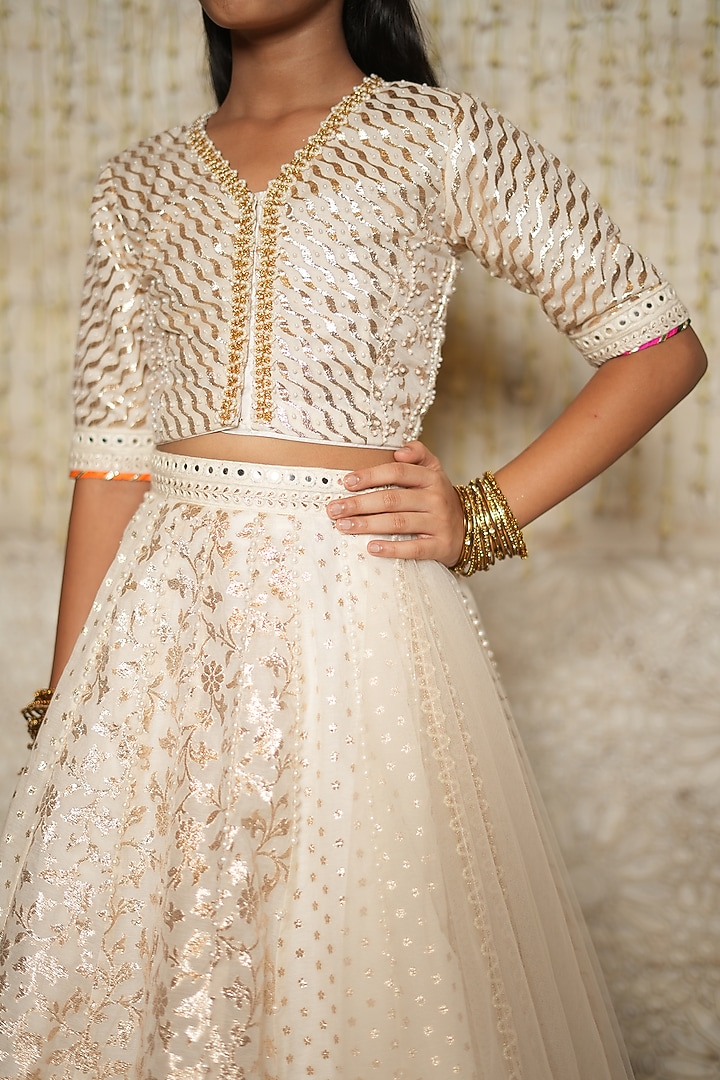 Ivory Chanderi Cotton Printed & Embroidered Lehenga Set For Girls by Nitya Bajaj Miniature at Pernia's Pop Up Shop