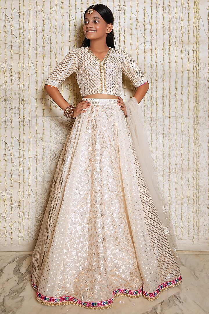 Ivory Chanderi Cotton Printed & Embroidered Lehenga Set For Girls by Nitya Bajaj Miniature at Pernia's Pop Up Shop
