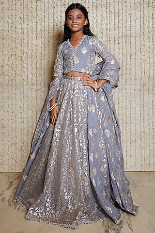 Lilac Chanderi Cotton Hand Embroidered Lehenga Set For Girls by Nitya Bajaj Miniature