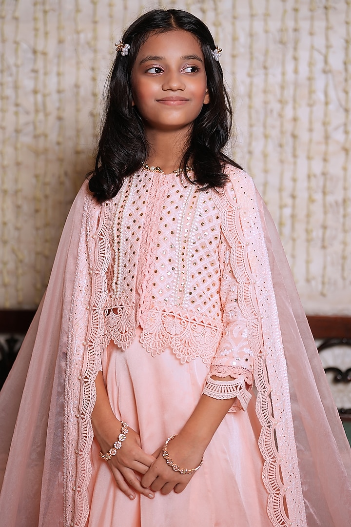Blush Pink Organza Embroidered Lehenga Set For Girls by Nitya Bajaj Miniature at Pernia's Pop Up Shop