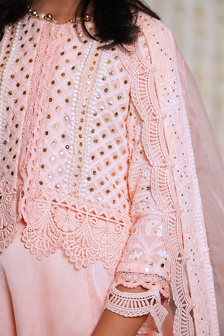 Blush Pink Organza Embroidered Lehenga Set For Girls by Nitya Bajaj Miniature at Pernia's Pop Up Shop