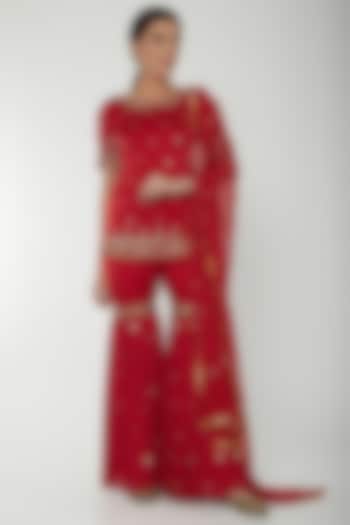 Red Embroidered Gharara Set by NITISHA