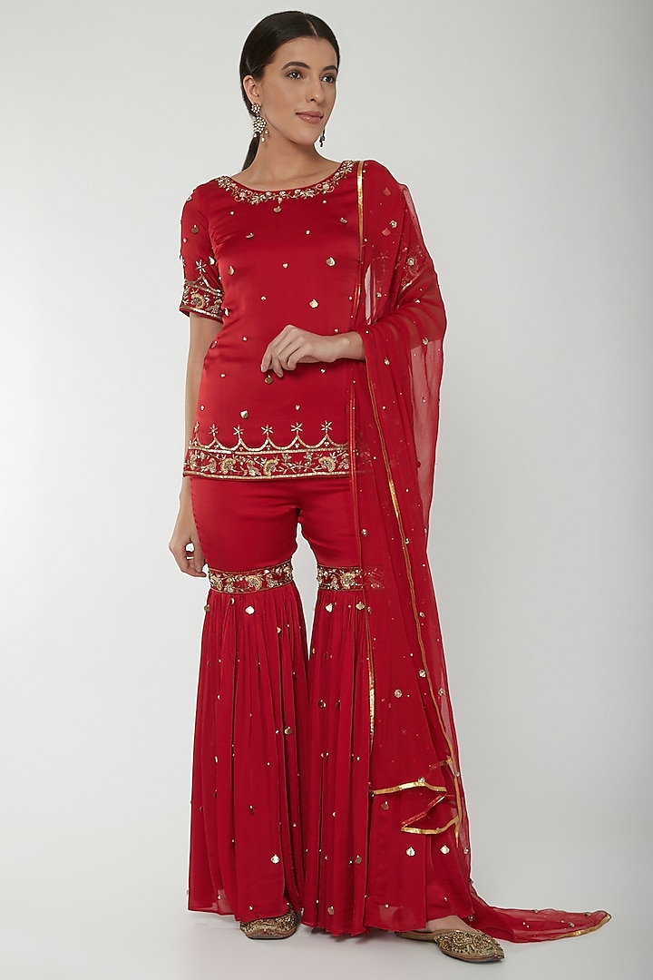 Red Embroidered Gharara Set by NITISHA