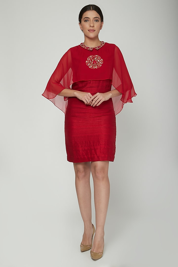 Red Embroidered Collared Dress With Layer by NITISHA
