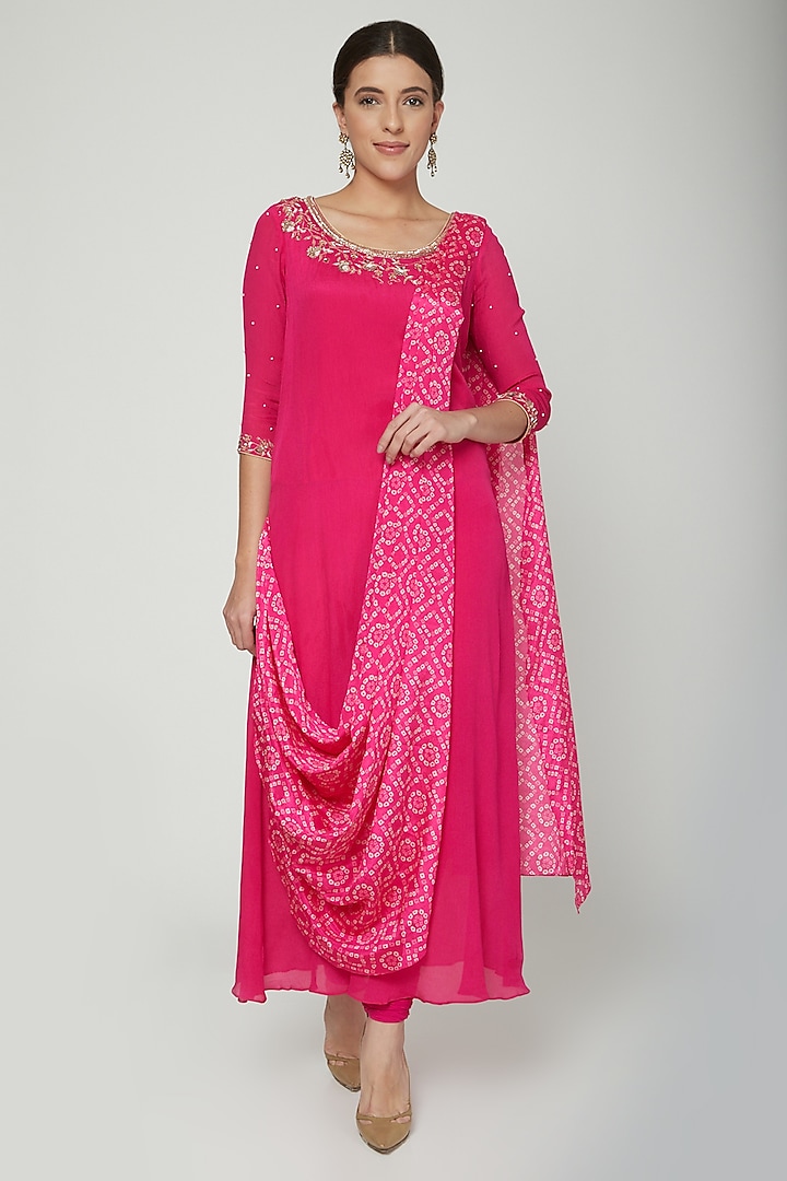 Fuchsia Pink Embroidered & Printed Kurta Set by NITISHA