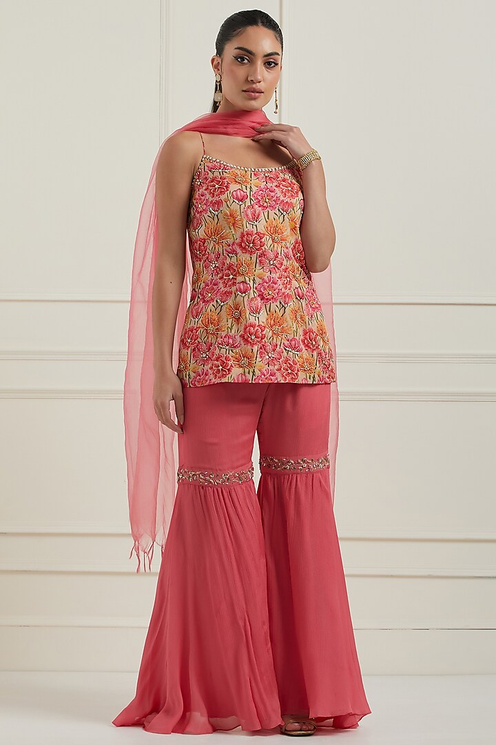 Pink Silk Chiffon Gharara Set by NITISHA at Pernia's Pop Up Shop