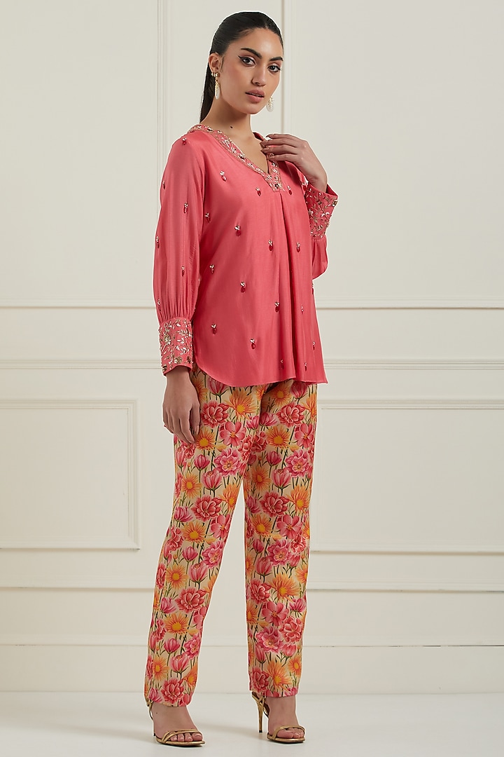 Pink Cotton Silk Hand Embroidered Tunic Set by NITISHA at Pernia's Pop Up Shop