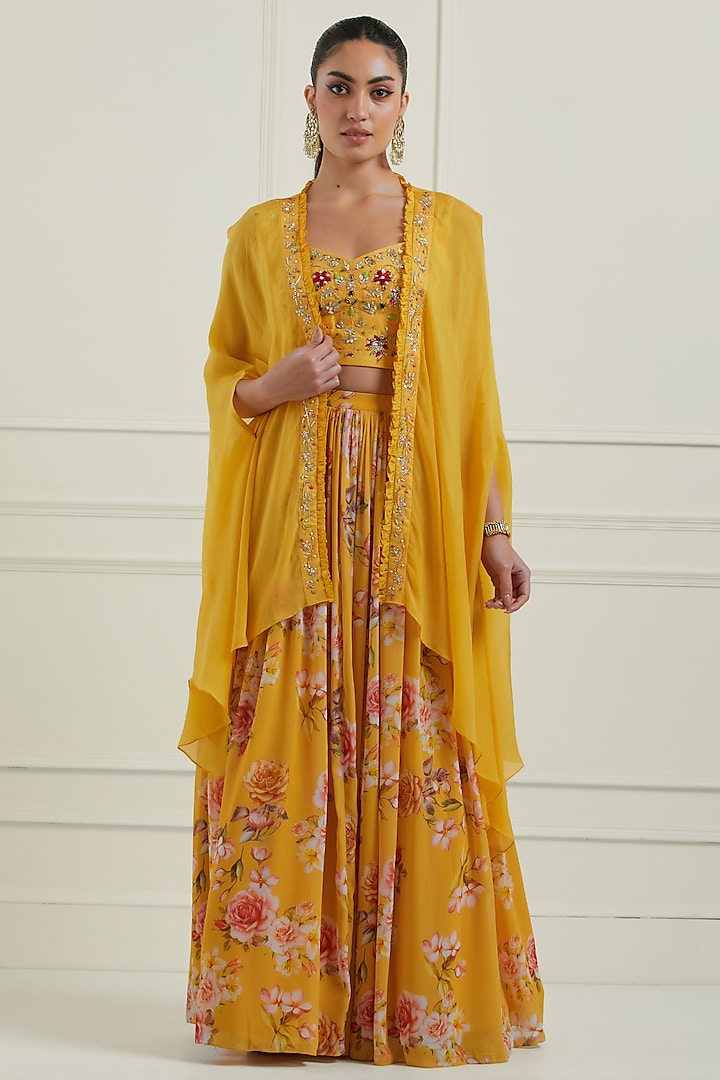 Yellow Georgette Floral Printed Jacket Lehenga Set by NITISHA at Pernia's Pop Up Shop