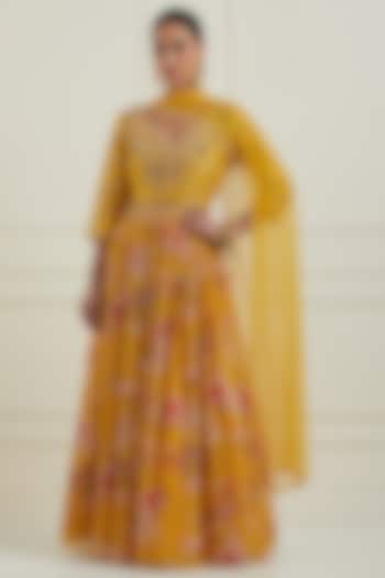 Yellow Georgette & Raw Silk Printed Anarkali Set by NITISHA
