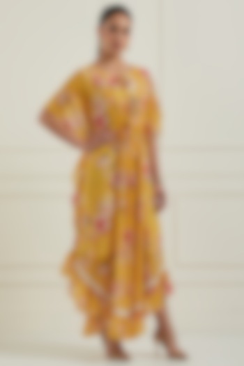 Yellow Georgette Embroidered Printed Kaftan Dress by NITISHA