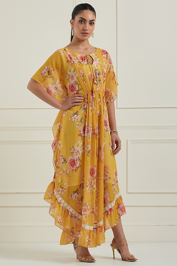 Yellow Georgette Embroidered Printed Kaftan Dress by NITISHA