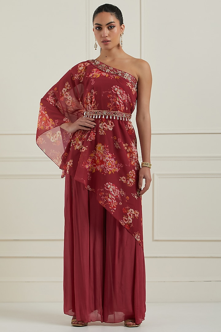 Red One-Shoulder Asymmetric Georgette Printed Tunic Set by NITISHA at Pernia's Pop Up Shop