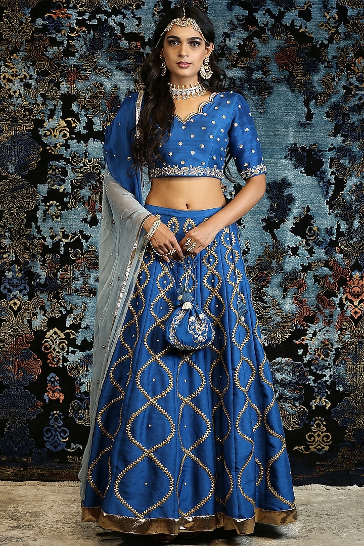 Blue Hand Embroidered Lehenga Set Design by NITISHA at Pernia's Pop Up Shop 2024