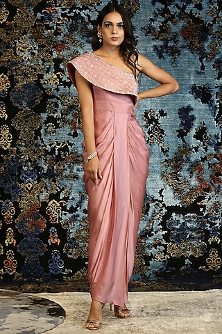 Dusky Pink Hand Embroidered Draped Dress by NITISHA