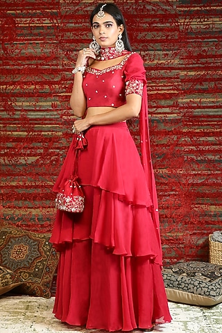 Ruby Red Hand Embroidered Lehenga Set by NITISHA