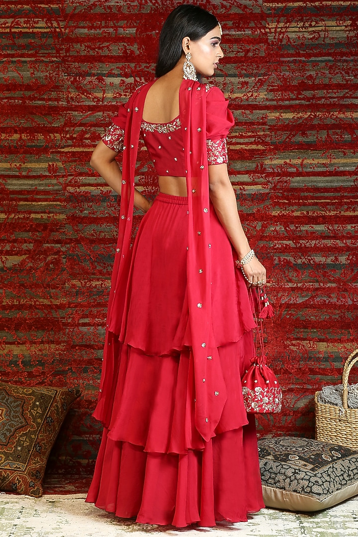 Ruby Red Hand Embroidered Wedding Lehenga Set by NITISHA at Pernia's Pop Up Shop