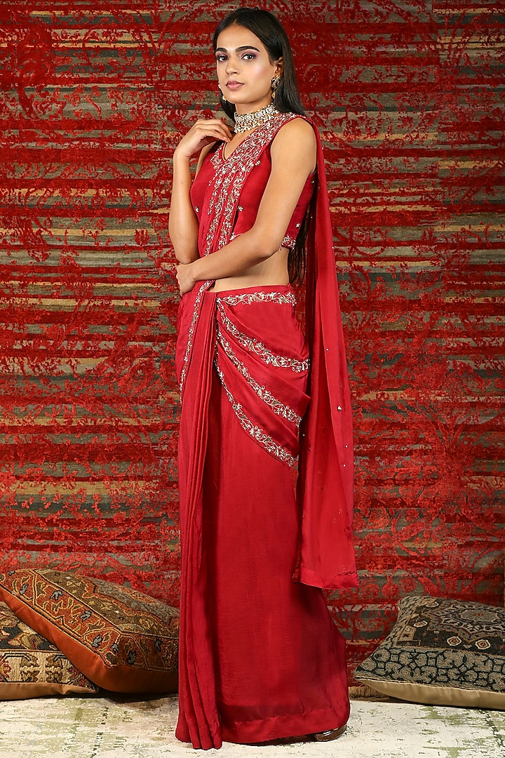 Ruby Red Hand Embroidered Pre-Stitched Saree Set by NITISHA