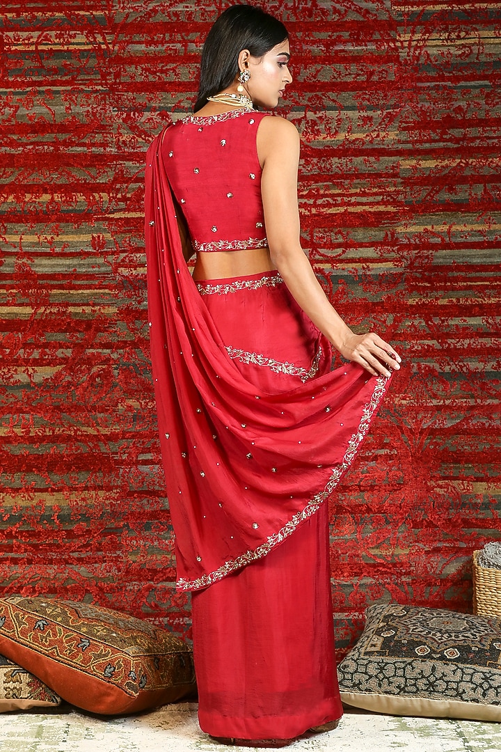 Ruby Red Hand Embroidered Pre-Stitched Wedding Saree Set by NITISHA at Pernia's Pop Up Shop