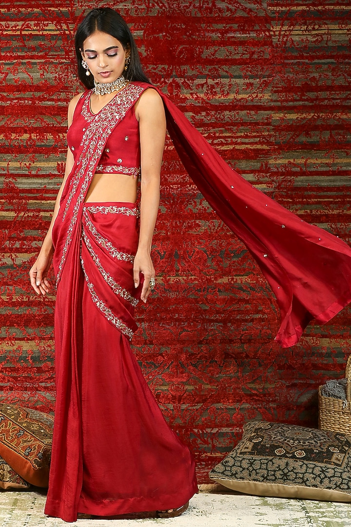Ruby Red Hand Embroidered Pre-Stitched Wedding Saree Set by NITISHA at Pernia's Pop Up Shop