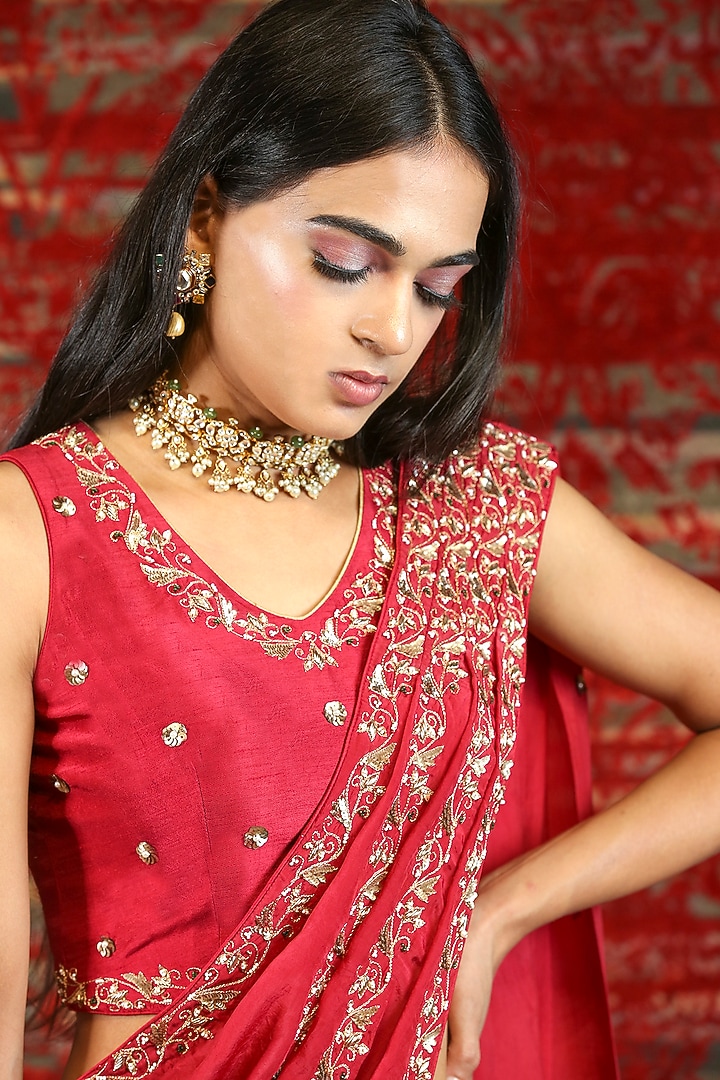 Ruby Red Hand Embroidered Pre-Stitched Wedding Saree Set by NITISHA at Pernia's Pop Up Shop