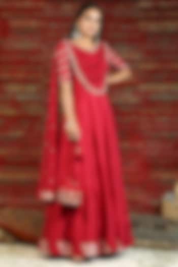 Ruby Red Hand Embroidered Anarkali Set by NITISHA