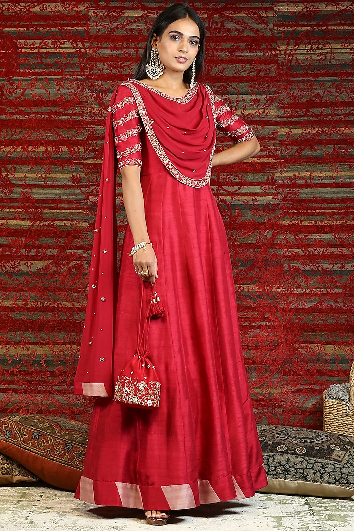 Ruby Red Hand Embroidered Anarkali Set by NITISHA