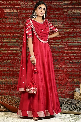 Ruby Red Hand Embroidered Anarkali Set by NITISHA