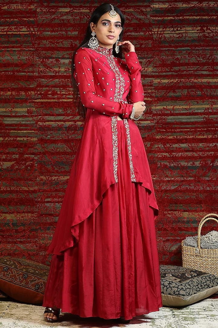 Ruby Red Hand Embroidered Jacket Set by NITISHA