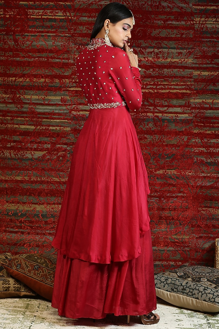 Ruby Red Hand Embroidered Jacket Set by NITISHA at Pernia's Pop Up Shop