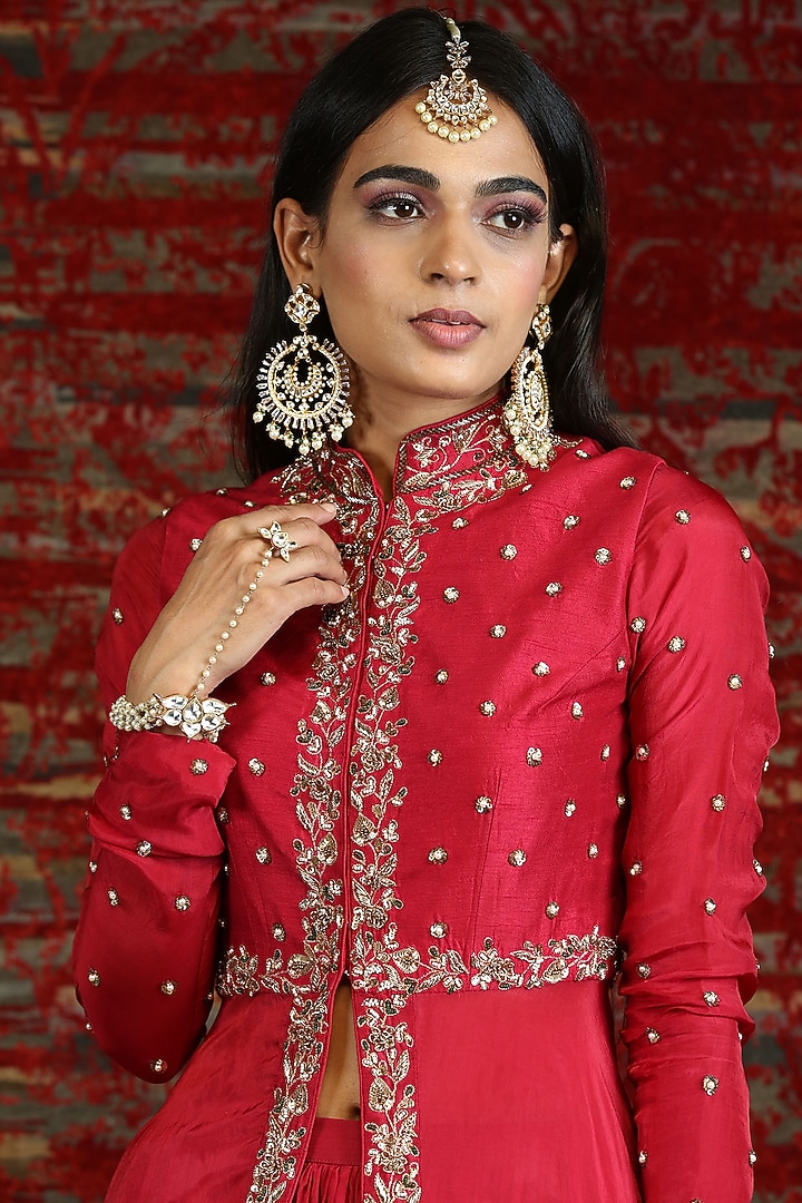 Ruby Red Hand Embroidered Jacket Set by NITISHA at Pernia's Pop Up Shop