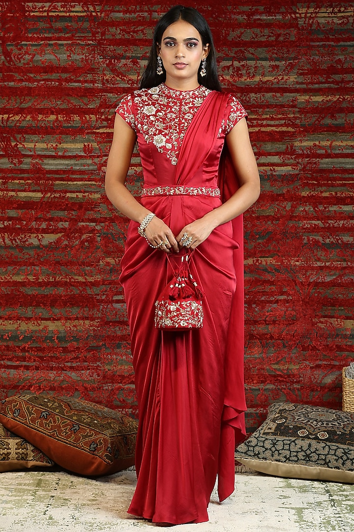 Ruby Red Floral Embroidered Pre-Stitched Saree Set Design by NITISHA at ...