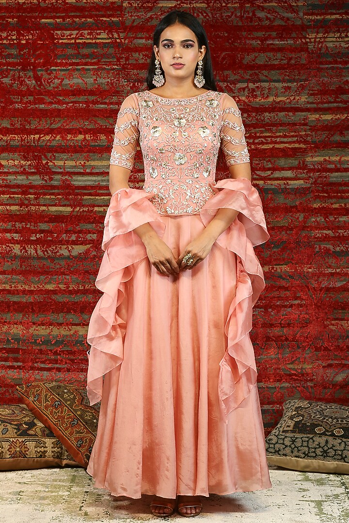 Pink Embroidered Party Wear Anarkali Set by NITISHA at Pernia's Pop Up Shop