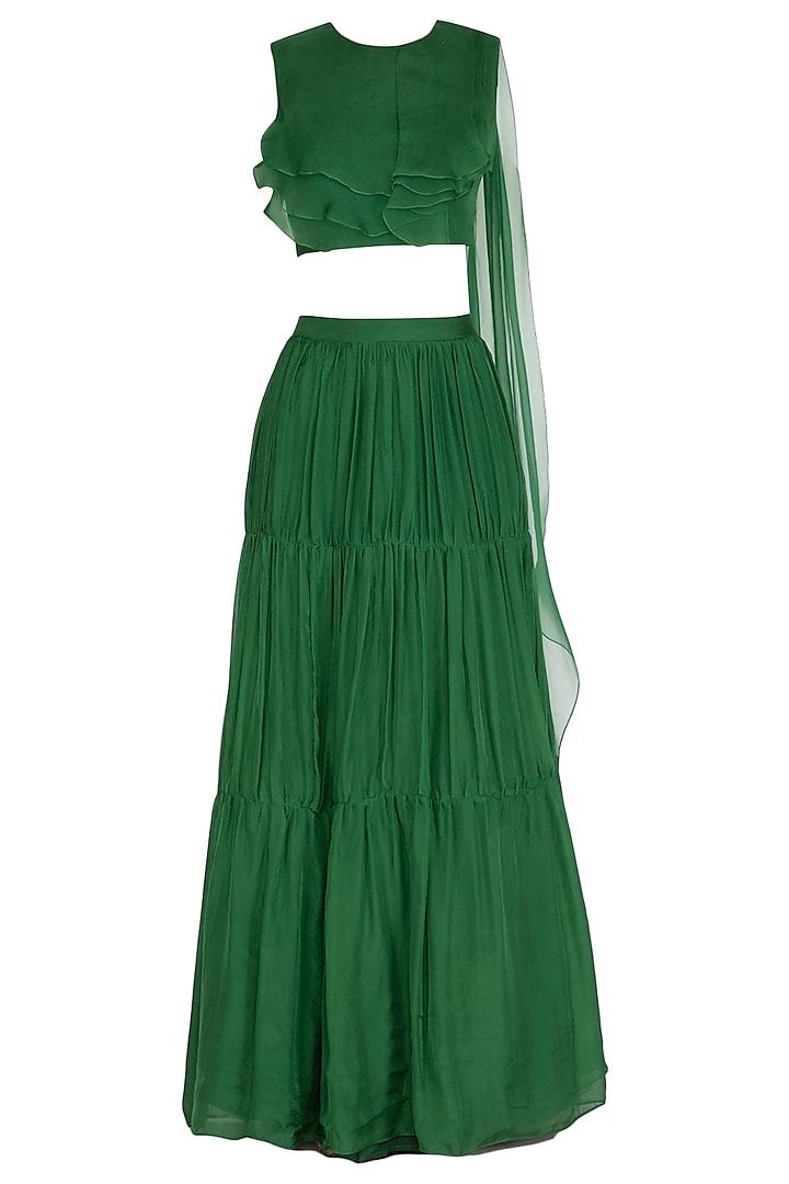 Emerald Green Skirt & Crop Top With Attached Drape Dupatta by NITISHA