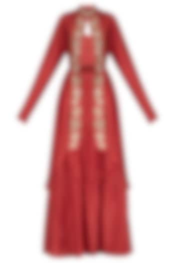 Red Embroidered Jacket Lehenga Set by NITISHA