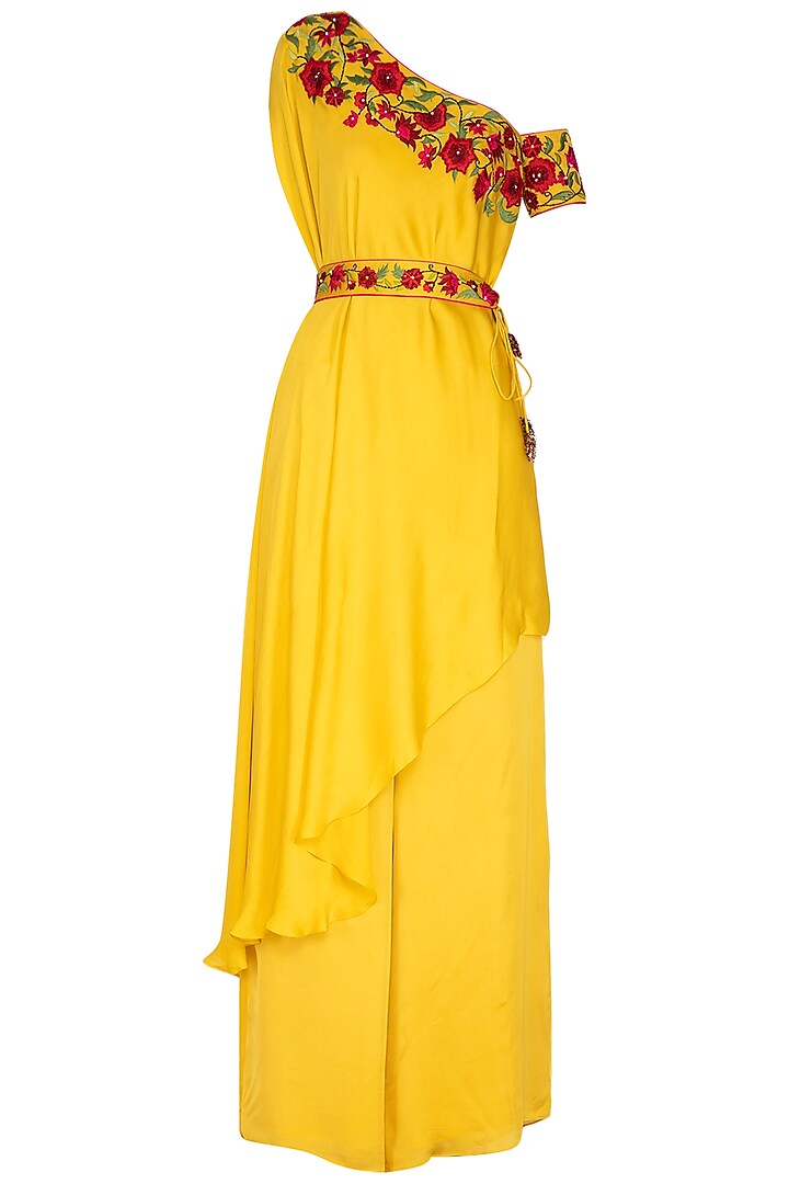 Yellow Embroidered One Shoulder Tunic With Palazzo Pants by NITISHA