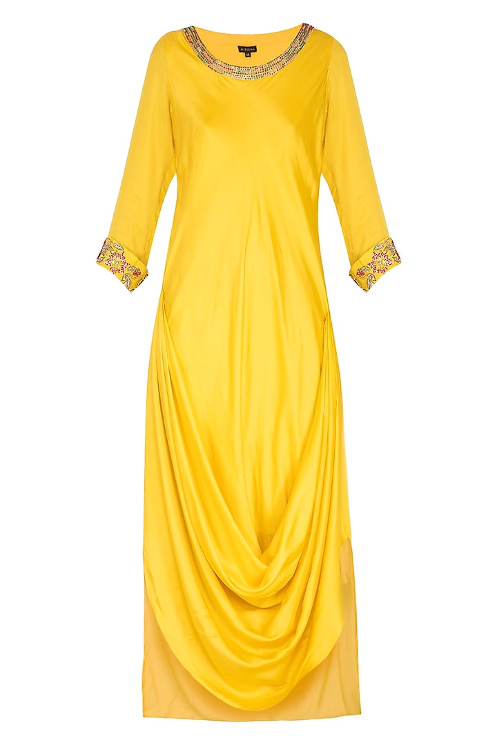 Yellow Tunic With Embroidered Printed Scarf by NITISHA