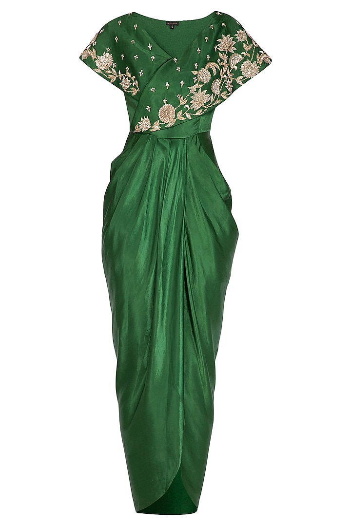 Emerald Green Embroidered Drape Dress by NITISHA