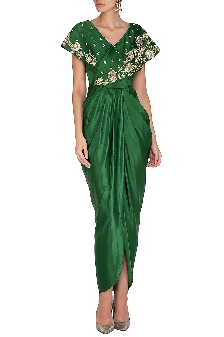 Emerald Green Embroidered Drape Vacation Dress by NITISHA at Pernia's Pop Up Shop