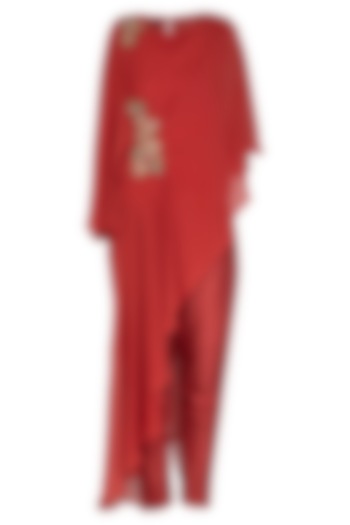 Red Embroidered Drape Tunic With Pants by NITISHA