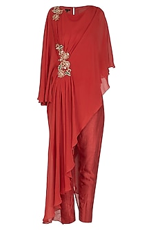 Red Embroidered Drape Tunic With Pants Design by NITISHA at Pernia's ...