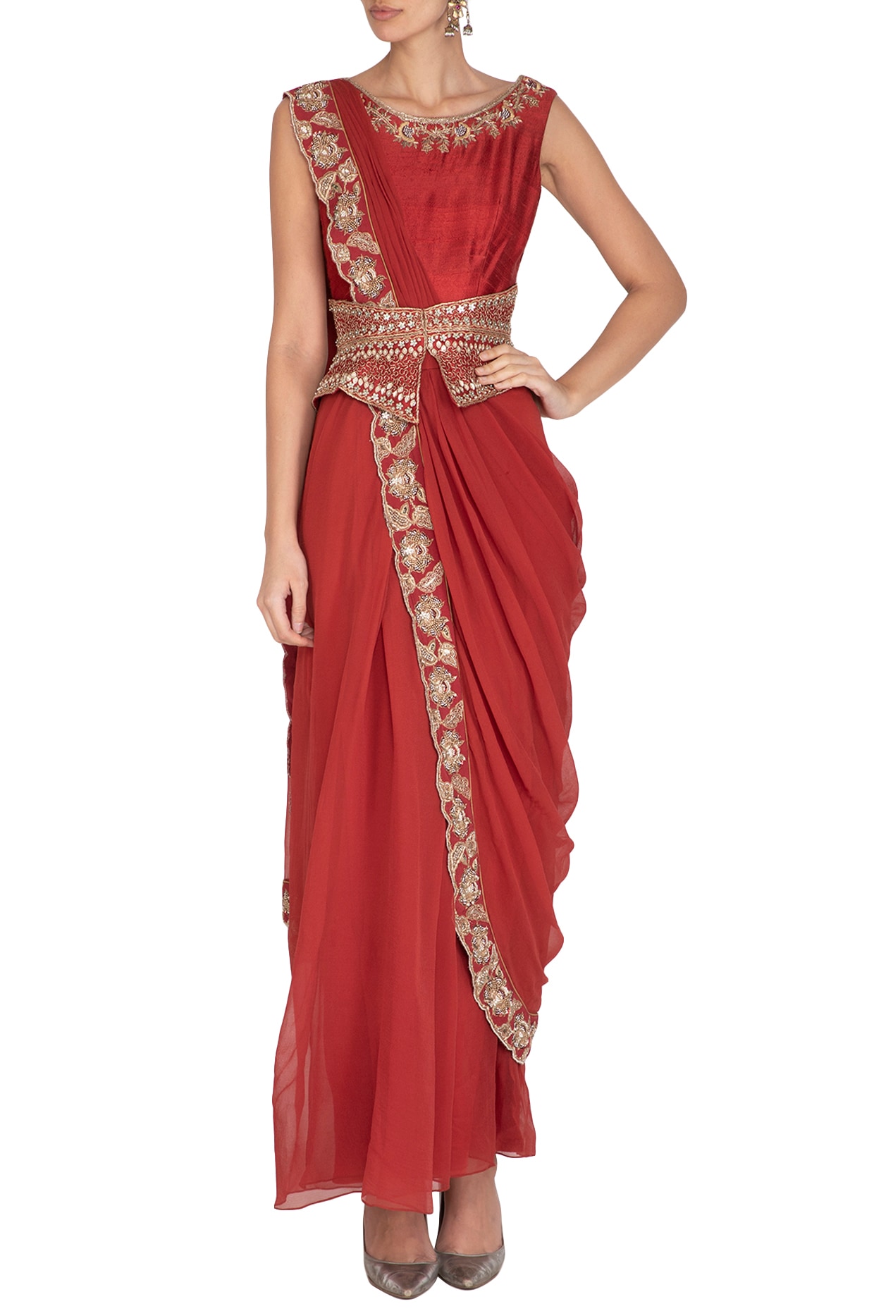 Buy Maroon Georgette Halter Neck Embroidered Saree Gown For Women by ARPAN  VOHRA Online at Aza Fashions.