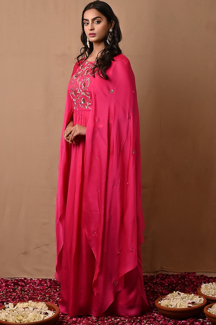 Hot Pink Hand Embroidered Gown by NITISHA