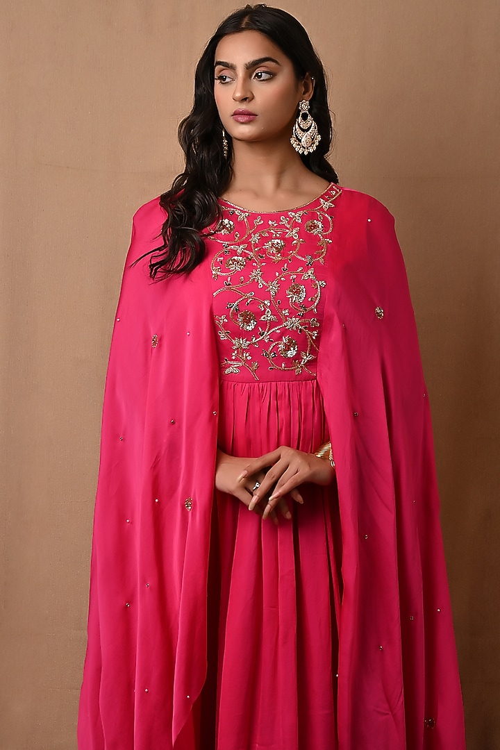 Hot Pink Hand Embroidered Party Wear Gown by NITISHA at Pernia's Pop Up Shop
