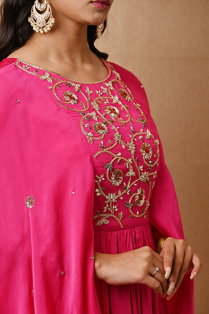 Hot Pink Hand Embroidered Party Wear Gown by NITISHA at Pernia's Pop Up Shop