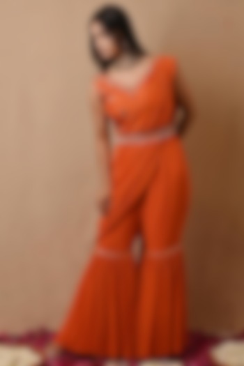 Bright Orange Mukaish Georgette Pre-Draped Saree-Set by NITISHA