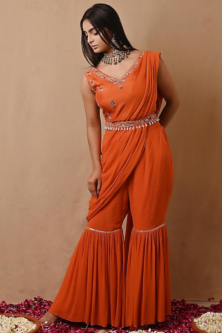 Bright Orange Mukaish Georgette Pre-Draped Saree-Set by NITISHA