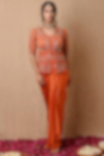 Bright Orange Hand-Embroidered Jacket Set by NITISHA