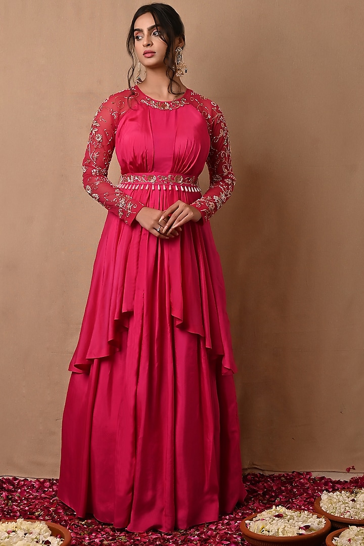 Rose Pink Hand Embroidered Layered Gown by NITISHA