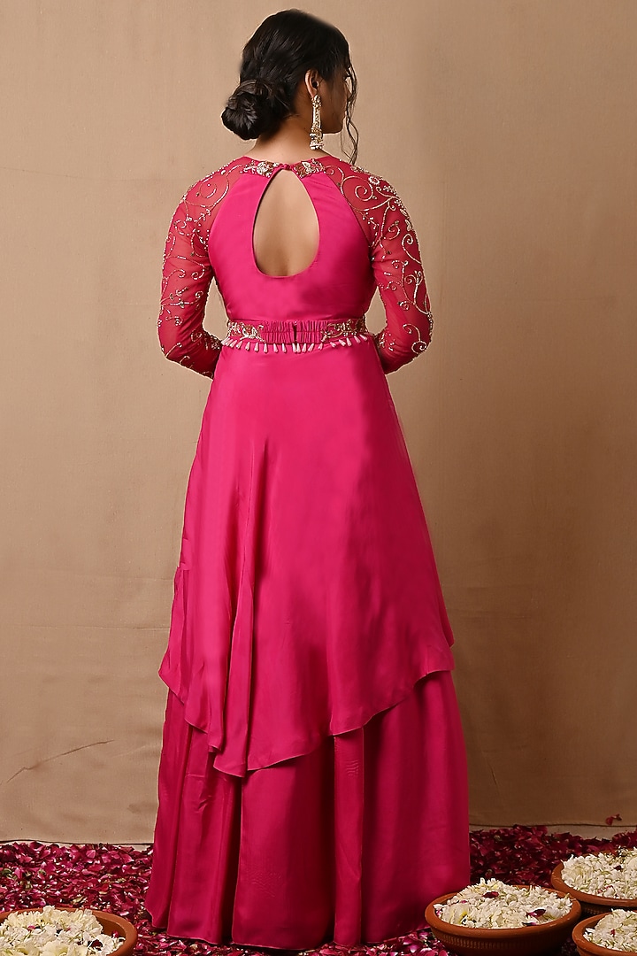 Rose Pink Hand Embroidered Layered Party Wear Gown by NITISHA at Pernia's Pop Up Shop