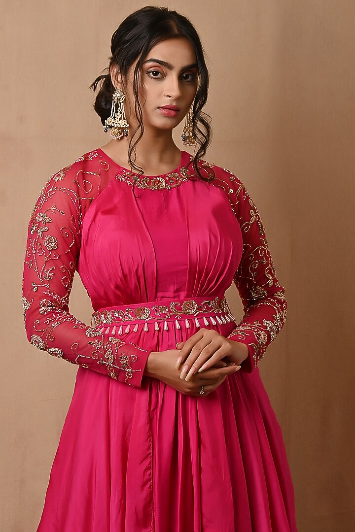 Rose Pink Hand Embroidered Layered Party Wear Gown by NITISHA at Pernia's Pop Up Shop